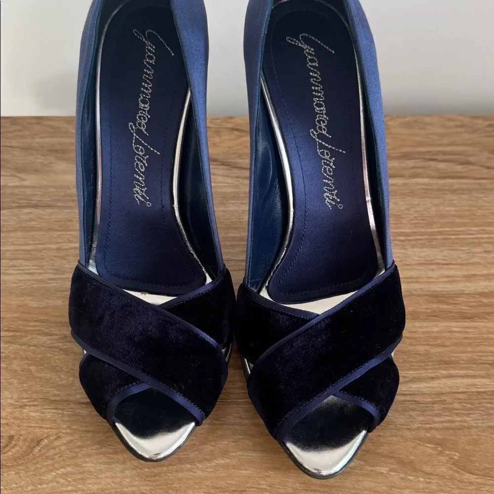 Gianmarco Lorenzi Blue Silk & Velvet Stiletto Heels Made in Italy Size EU 37.5